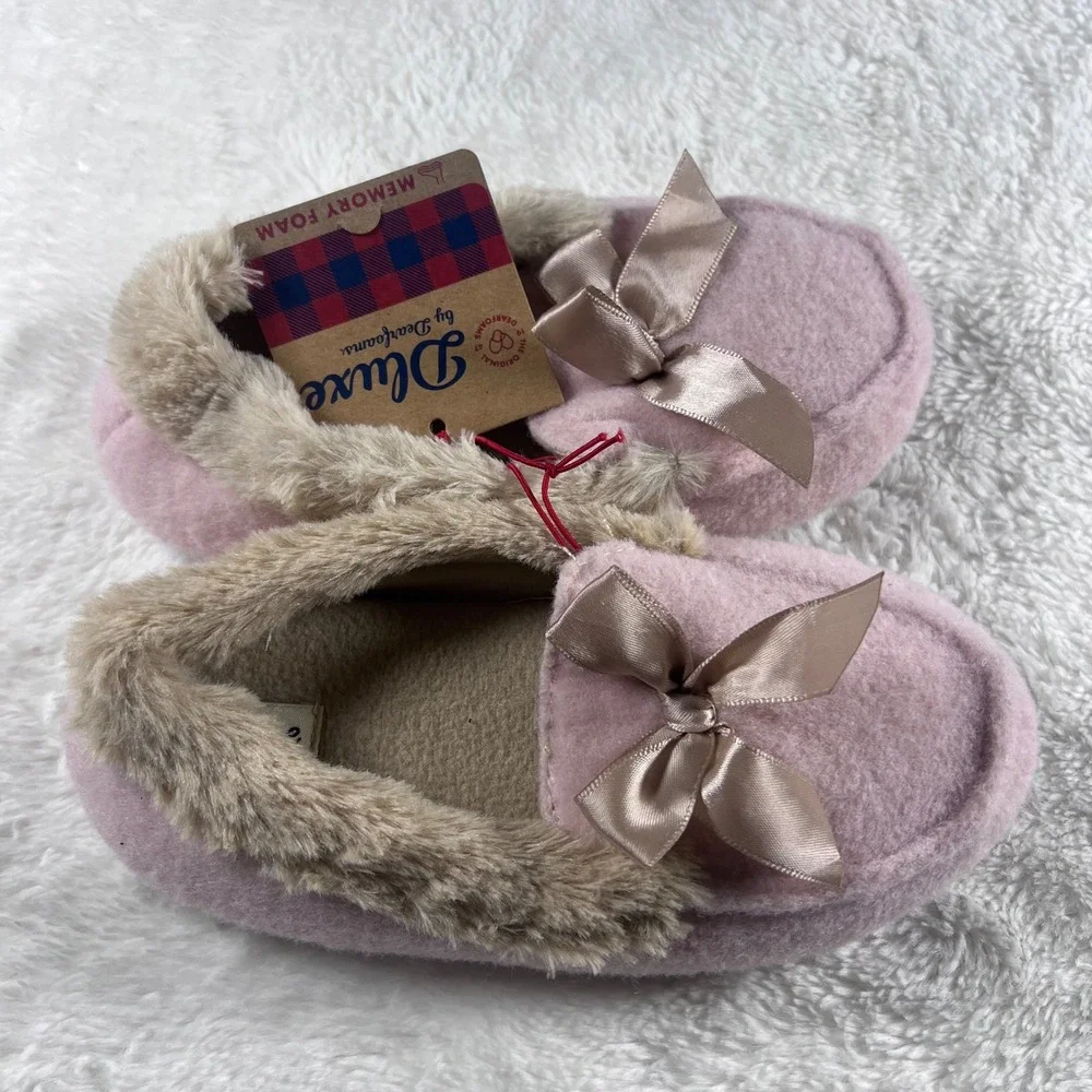 Dearfoams‎ Deluxe Memory Foam Slippers Pink Fuzzy Bow Plush Cozy Kids NWT